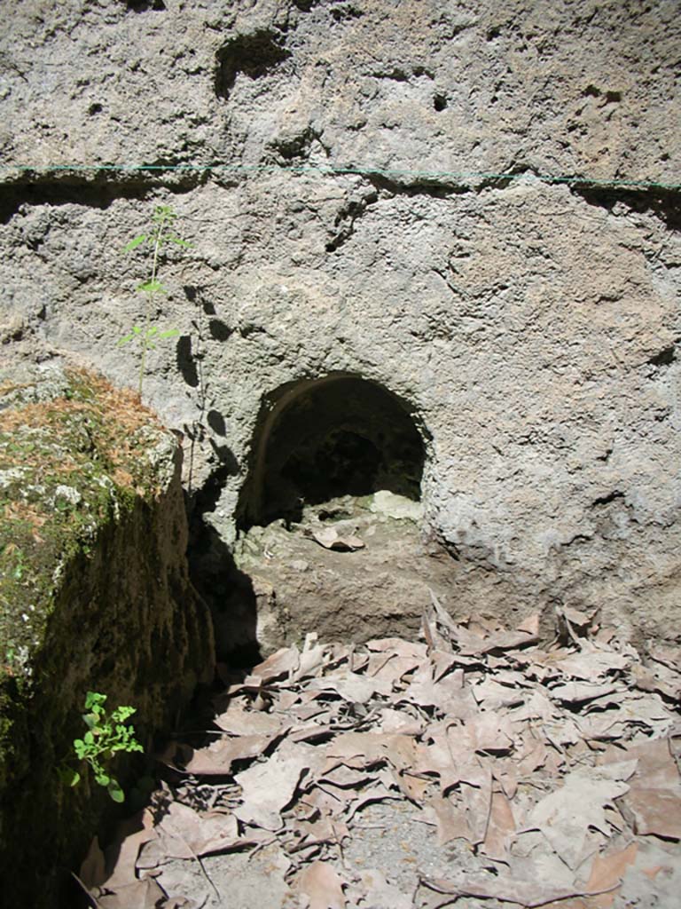Porta Stabia, Pompeii. May 2010. Lower niche. Photo courtesy of Ivo van der Graaff.
According to Van der Graaff-
“The Pompeii Archaeological Research Project: Porta Stabia (PARP:PS), run by the University of Cincinnati, has excavated at the Porta Stabia as part of a wider investigation into the adjacent urban district (see Fig. 1.3).    ………………………
The excavations also discovered an altar buried beneath two niches carved in the eastern passageway.
The lowest niche and the altar are associated with the first two phases of the gate.
In a later phase, around 100 BCE, workers built the opus incertum vault in conjunction with the towers.
In a final phase, engineers built the causeway, repaved the road, and added a drain in the Augustan period or soon thereafter (Note 85).”
See Van der Graaff, I. (2018). The Fortifications of Pompeii and Ancient Italy. Routledge, (p.20).

