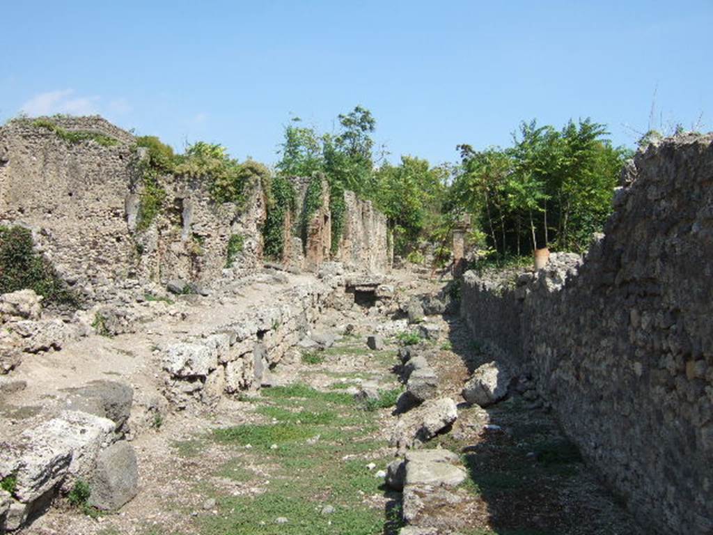 I.2.31 Pompeii. (on left).  Remains of street wall on Vicolo del Conciapelle. Looking east.