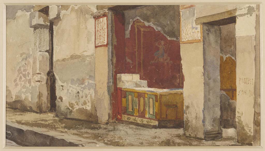 I.3.22 Pompeii. 15th September 1876. Watercolour by Luigi Bazzani “A shop in the Strada Stabiana, at Pompeii”.
Looking towards entrance doorway of thermopolium on Vicolo del Menandro, in centre.
On the left is the entrance doorway of I.3.23, with I.3.21, on the right.
Photo © Victoria and Albert Museum. Inventory number 2059-1900.
