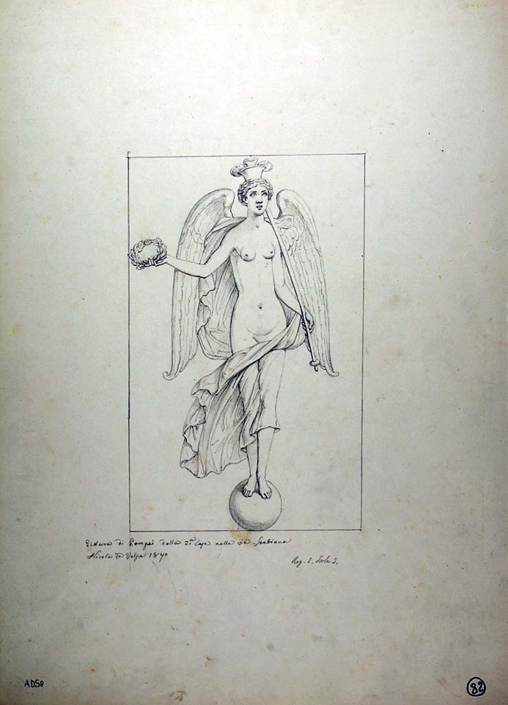 I.3.25 Pompeii. Drawing by Nicola La Volpe, 1870, of painting of Nike (Victory) from the east faade of the south-west pilaster of peristyle.
(see Sogliano 430, above.)
Now in Naples Archaeological Museum. Inventory number ADS 8.
Photo  ICCD. http://www.catalogo.beniculturali.it
Utilizzabili alle condizioni della licenza Attribuzione - Non commerciale - Condividi allo stesso modo 2.5 Italia (CC BY-NC-SA 2.5 IT)
