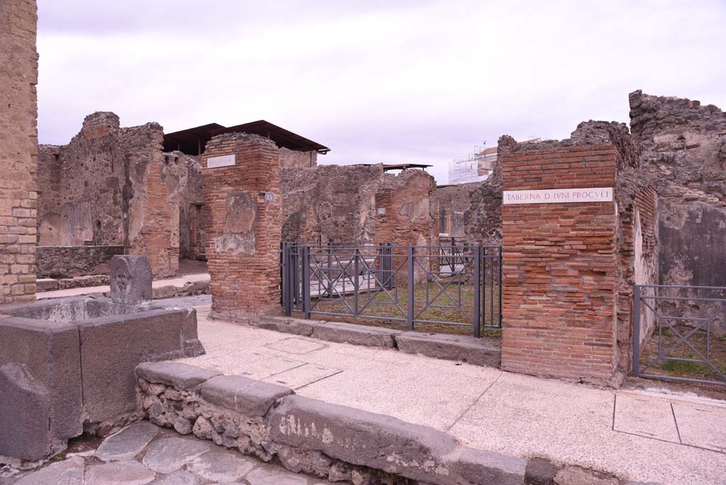 I.4.15 Pompeii. October 2019. 
Looking north-east towards entrance doorway on Via Stabiana, with alternative doorway at I.4.16 visible on Via dellAbbondanza.
Foto Tobias Busen, ERC Grant 681269 DCOR
