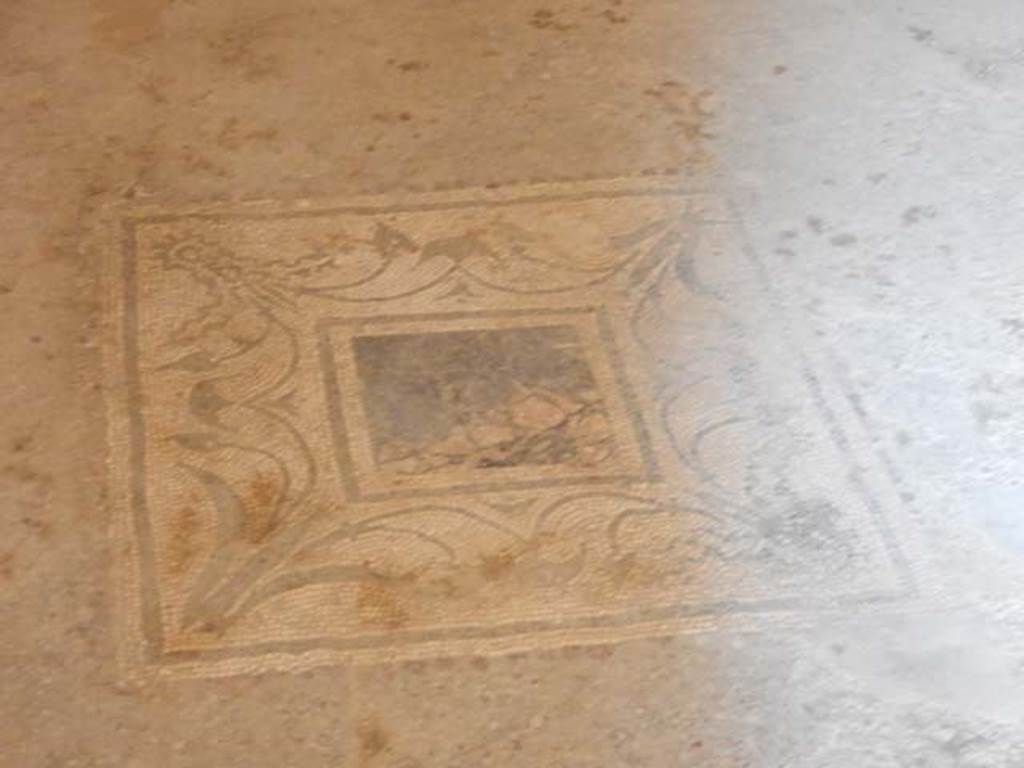 I.7.3 Pompeii. May 2016. Flooring in triclinium in beaten lavapesta decorated with white tesserae. 
In the centre, the emblema is formed by a square slab of Numidian marble, and decorated around with plants
Photo courtesy of Buzz Ferebee.

