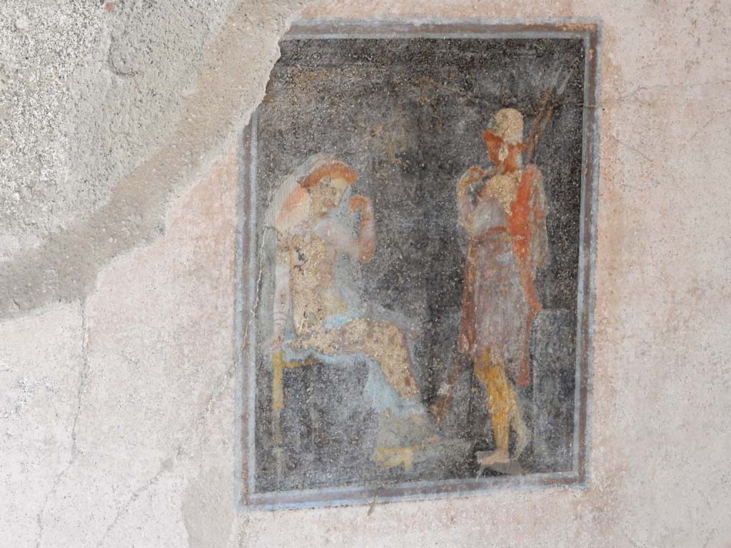 I.7.19 Pompeii. June 2019. Detail of wall painting of Paris and Helen on north wall. Photo courtesy of Buzz Ferebee.