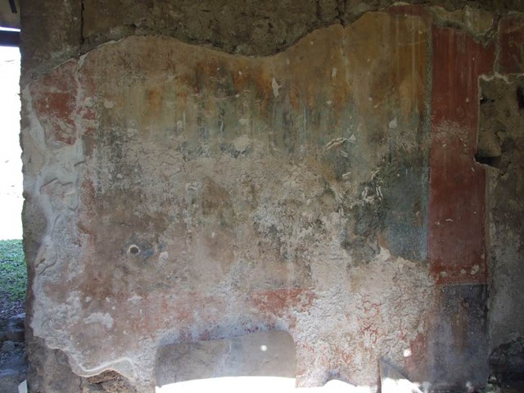 I.12.8 Pompeii. March 2009. Room 9, east side of north wall with remains of garden painting.  According to Curtis, when excavated the panel on the right had a brilliantly coloured painted peacock, in its lower left corner. Unfortunately, this has now deteriorated and disappeared. According to Jashemski, she could also make out four songbirds among the ivy, oleanders and myrtles in the painting on the right. These were painted on a yellow-orange background. Two partly preserved strutting peacocks faced each other in the lower left and right of this panel. There was also a large bird perched at the bottom near the centre of the painting. Garlands of myrtle framed the top and sides of each panel.
There was a wide red border at the top, bottom and sides. See Jashemski, W. F., 1993. The Gardens of Pompeii, Volume II: Appendices. New York: Caratzas, (p.326 and fig.378)
