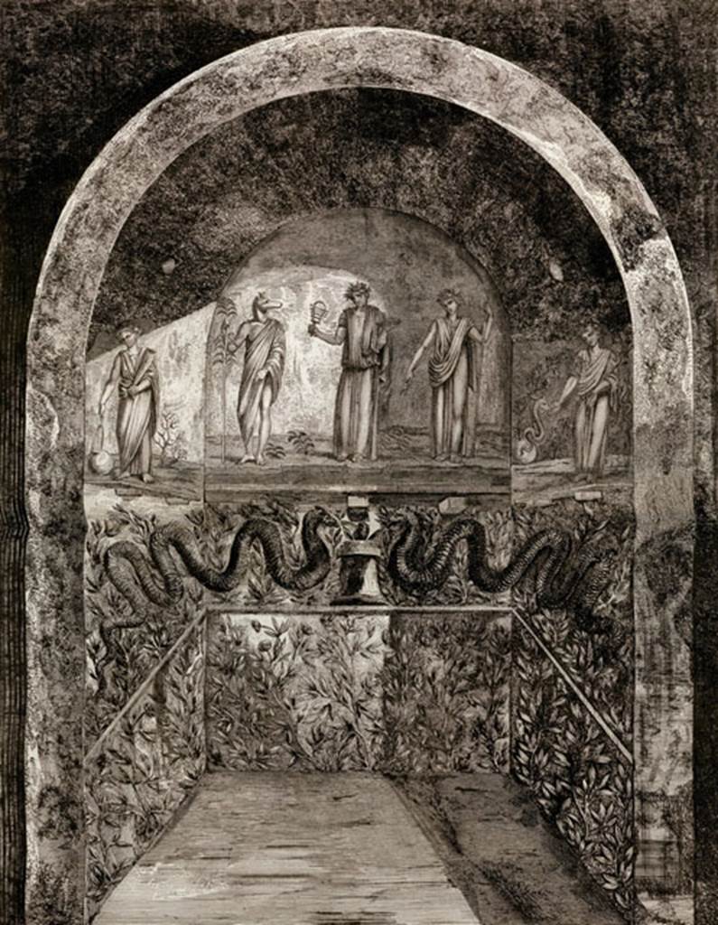 II.4.6 Pompeii. 1807. Engraving of the sacrarium.
According to Boyce, on three walls of a small sacellum-like room with vaulted ceiling, were sacred paintings.
These were done on a white background above a dado filled with plants.
In the centre, was Isis seated upon a throne.
On her left stood Anubis, wearing a dark garment and sandals, his head turned towards Isis.
On the left side wall were poorly preserved figures, a woman who seemed to be rolling a globe on the floor, and a male figure holding a cornucopia.
On the right of Isis in the centre, stood a poorly preserved figure holding a staff in right, and a cornucopia in the left hand.
On the right-side wall stood a female figure, holding in her right hand, a shallow dish with eggs and fruit, which she is offering to a serpent.
See Boyce G. K., 1937. Corpus of the Lararia of Pompeii. Rome: MAAR 14.  (p.95, no.471)

Piranesi described it as “Niche dans le temple d’Isis a Pompeia”.
Fröhlich attributed it to this house and comments that Piranesi and Helbig contradict each other on some points. 
This sacrarium was taken to the Museum at Portici and reconstructed there, and then transferred to the National Museum. 
By around 1885, it had faded and perished apart from the lower portion showing the serpents.
In Naples Archaeological Museum it was inventory number 9693.
See Pagano, M. and Prisciandaro, R., 2006. Studio sulle provenienze degli oggetti rinvenuti negli scavi borbonici del regno di Napoli.  Naples: Nicola Longobardi. (p.17 and note 47).
See Piranesi F., 1807. Antiquités de la Grande Grèce, aujourd'hui royaume de Naples. Paris: Etablissement des Beaux-Arts. (Plate 1).
See Fröhlich, T., 1991. Lararien und Fassadenbilder in den Vesuvstädten. Mainz: von Zabern. (L40, p. 265, Taf 30,1).
See Helbig, W., 1868. Wandgemälde der vom Vesuv verschütteten Städte Campaniens. Leipzig: Breitkopf und Härtel. (No 79).
See Parslow, C.C. (1998). Rediscovering Antiquity: Karl Weber and the Excavation of Herculaneum, Pompeii and Stabiae. UK, Cambridge UP (p.110, & p.345, notes 8 & 9)


