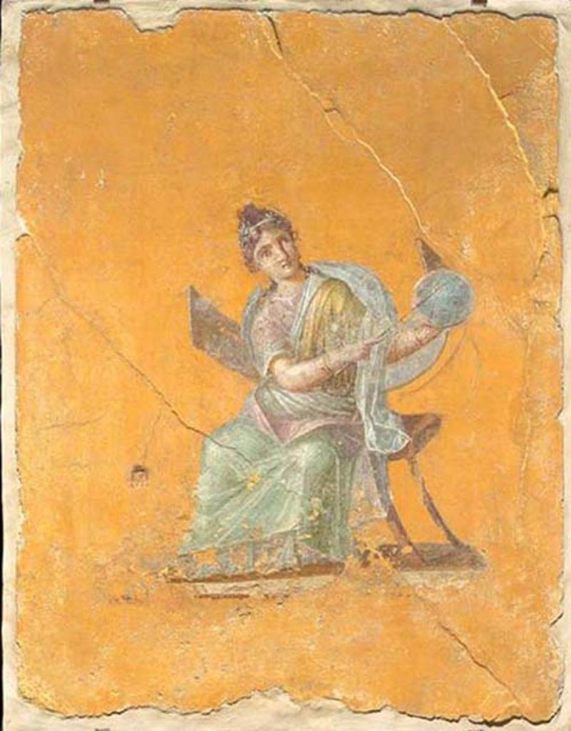 II.4.10/3 Pompeii. Found 20th July 1755 in cubiculum (Ambiente 97). 
Urania, the muse of astronomy. 
Now in the Louvre, Paris, inventory number P12.
