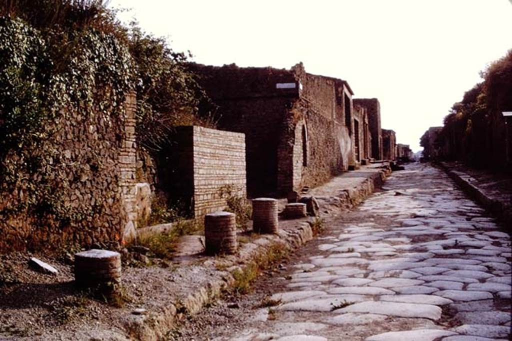 II.5.1 Pompeii. 1972. Looking west to 4 columns in footpath that probably supported a balcony overhanging Via dell Abbondanza.  Photo by Stanley A. Jashemski. 
Source: The Wilhelmina and Stanley A. Jashemski archive in the University of Maryland Library, Special Collections (See collection page) and made available under the Creative Commons Attribution-Non Commercial License v.4. See Licence and use details. J72f0080
