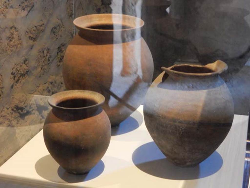 II.9.5, Pompeii, May 2018. 3 terracotta jars for storing foodstuffs (Contenitori in terracotta per lo stoccaggio delle derrate).
Archaeological Park of Pompeii, inv. nos. 38672, 38604, 38667
Photo courtesy of Buzz Ferebee

