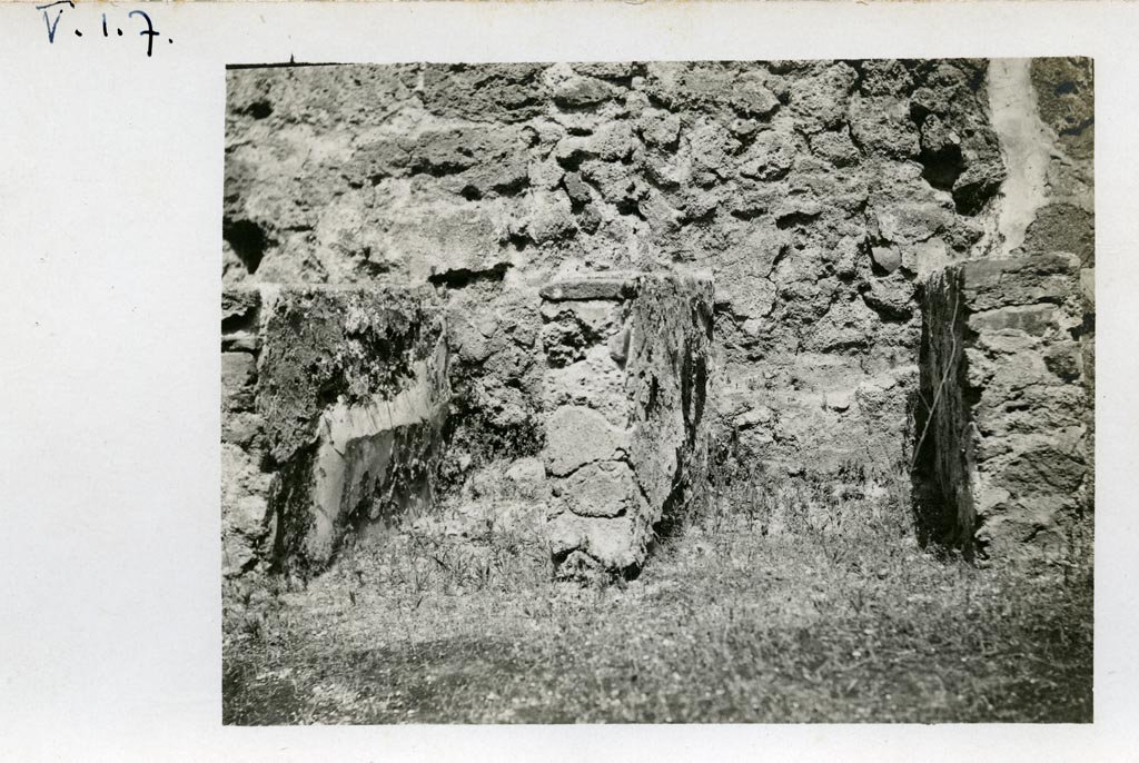 Mystery photo. V.1.7 Pompeii, according to Warsher. Pre-1937-1939. We would like to think this is from -
Room “f”, lower room on west side of peristyle, reached by small ramp at rear from room “i”. 
Structure against east wall in cellar under the triclinium.
Photo courtesy of American Academy in Rome, Photographic Archive. Warsher collection no. 008.
If anyone agrees or would like to disagree with a different location, we would be pleased to hear from you.


