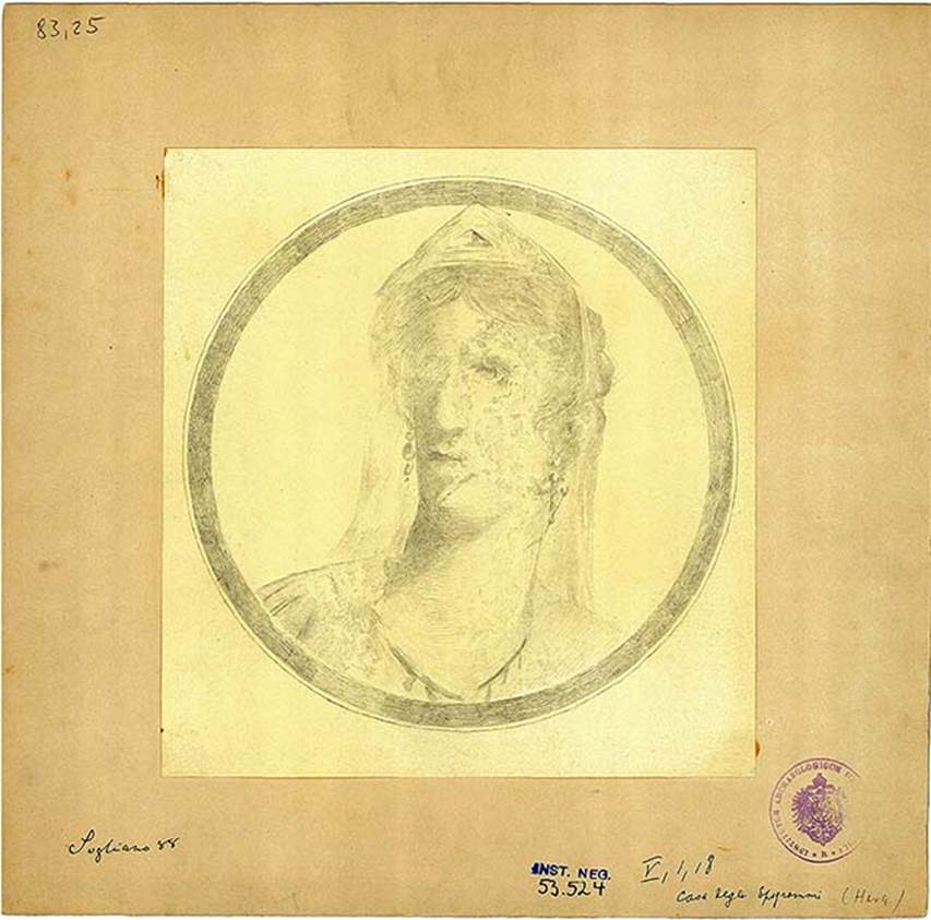 V.1.18 Pompeii. Atrium “b”. Drawing of medallion painting with bust of Hera/Juno wearing tiara and veil.
DAIR 83.25. Photo © Deutsches Archäologisches Institut, Abteilung Rom, Arkiv. 
See http://arachne.uni-koeln.de/item/marbilder/5022201 
Found on the entrance wall, left of the fauces and left of Minerva (from in the atrium).
See Bullettino dell’Instituto di Corrispondenza Archeologica (DAIR), 1877, p. 20.
