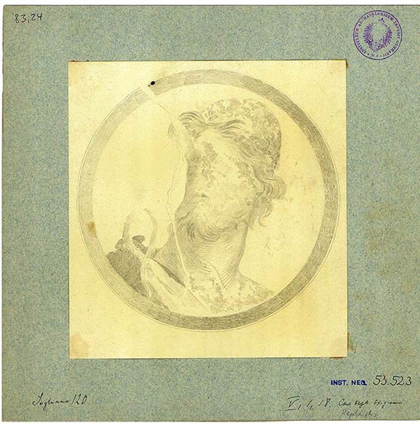 V.1.18 Pompeii. Atrium “b”. Drawing of medallion painting with bust of Hephaestus/Vulcan with beard .
His hair is like it has been blown in the wind. His head is covered by a pilos (felt cap).
DAIR 83.24. Photo © Deutsches Archäologisches Institut, Abteilung Rom, Arkiv. 
See http://arachne.uni-koeln.de/item/marbilder/5022200 
Found on the right wall, at the centre.
See Bullettino dell’Instituto di Corrispondenza Archeologica (DAIR), 1877, p. 20.
