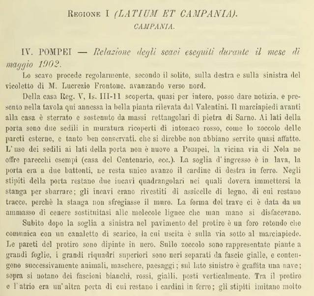 V.3.11 Pompeii. Report in Notizie degli Scavi, 1902, (p.369).