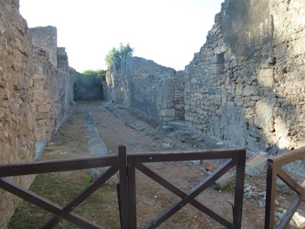 V.4.b Pompeii. June 2012. Looking north along Vicolo di Lucrezio Frontone towards entrance doorway, on centre right.
Photo courtesy of Michael Binns.

