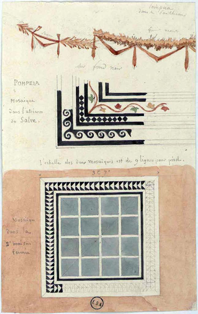 VI.1.7/25 Pompeii. 
The central sketch is a watercolour drawing of a part of a mosaic in the atrium of the House of Salve.
The upper sketch appears to be a garland from the Pantheon (VII.9.7) which it said had a black background. 
The lower sketch says it is a mosaic in the 2nd house Pompei, which may mean is from VI.1.25, but is also from VI.2.22, either the tablinum or a triclinium. 
See Lesueur, Jean-Baptiste Ciceron. Voyage en Italie de Jean-Baptiste Ciceron Lesueur (1794-1883), pl. 46.
See Book on INHA reference INHA NUM PC 15469 (04)   Licence Ouverte / Open Licence  Etalab


