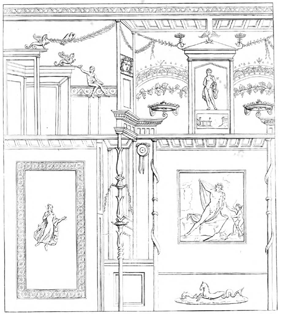 VI.1.7 Pompeii. Pre-1859. Drawing by Abbate of wall of Narcissus.
See Raccolta de pi interessante Dipinture e di pi belle Musaici rinvenuti negli Scavi di Ercolano, di Pompei, e di Stabia. 1859. Napoli, tav. 77.
