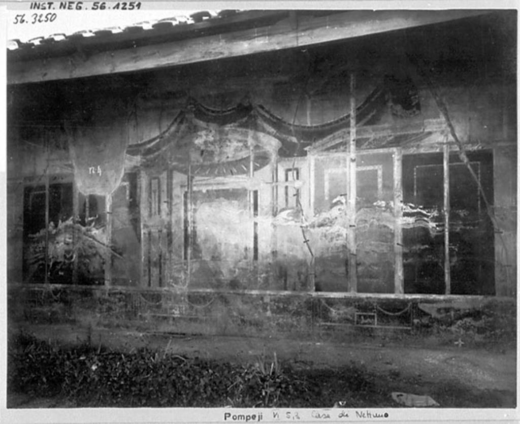 VI.5.3 Pompeii. 1956? Main wall of atrium. 
According to Breton, the painting that gave its name to the house was found on the main wall of the atrium.
It was of Neptune armed with a trident. In other panels were paintings of swans, peacocks
DAIR 56.3250. Photo  Deutsches Archologisches Institut, Abteilung Rom, Arkiv. 
See http://arachne.uni-koeln.de/item/marbilderbestand/916502
