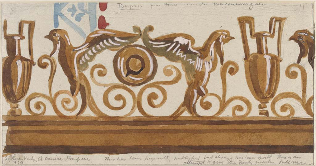 VI.5.3 Pompeii. 1879. Painting by Sydney Vacher, from House near the Herculaneum Gate. 
He described this as A cornice, Pompeii. 
This has been frequently published but always has been spoilt. This is an attempt to give the hawk masks full view.
Photo  Victoria and Albert Museum, inventory number E.4428-1910. 
