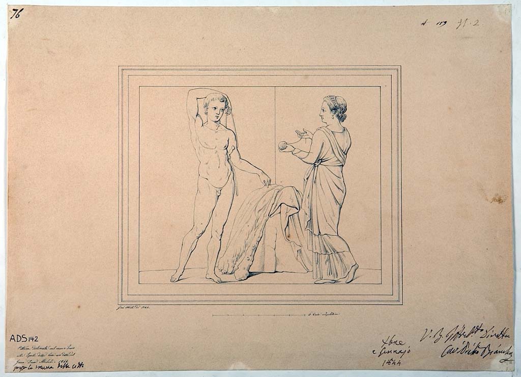 VI.5.3 Pompeii. Room 20. Drawing by Giuseppe Abbate, 1844, of painting of Arianna giving the thread to Theseus, painting now faded and more or less disappeared.
Now in Naples Archaeological Museum. Inventory number ADS 142.
Photo  ICCD. http://www.catalogo.beniculturali.it
Utilizzabili alle condizioni della licenza Attribuzione - Non commerciale - Condividi allo stesso modo 2.5 Italia (CC BY-NC-SA 2.5 IT)
