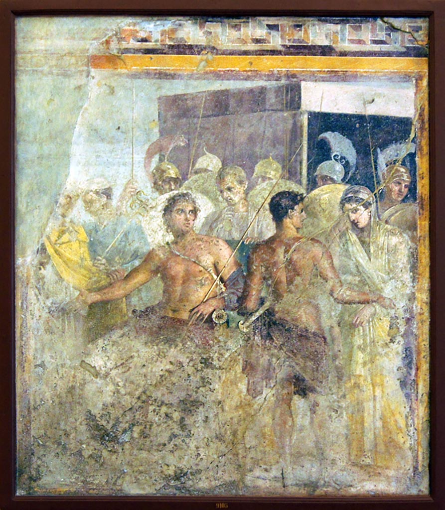 VI.8.5 Pompeii. Found 4th December 1824. Wall between rooms 2 and 3: 
One of the six panels more than 4-foot-high, that used to adorn the walls of the atrium. 
Wall painting of the delivery of Briseis to the messenger of Agamemnon. 
Now in Naples Archaeological Museum. Inventory number 9105.
Photo courtesy of Giuseppe Ciaramella taken December 2019.
