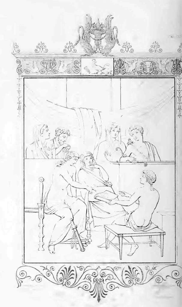 This is also the picture referred to by Gell in his book written only a few years after the house was excavated. 
He attributed it to the tablinum of the House of the Tragic Poet but described it as the image of a poet reading that gave the house its name.
See Gell, W, 1837. Pompeiana. London: Lewis A. Lewis. (Ch. VIII, T. XLIV).
