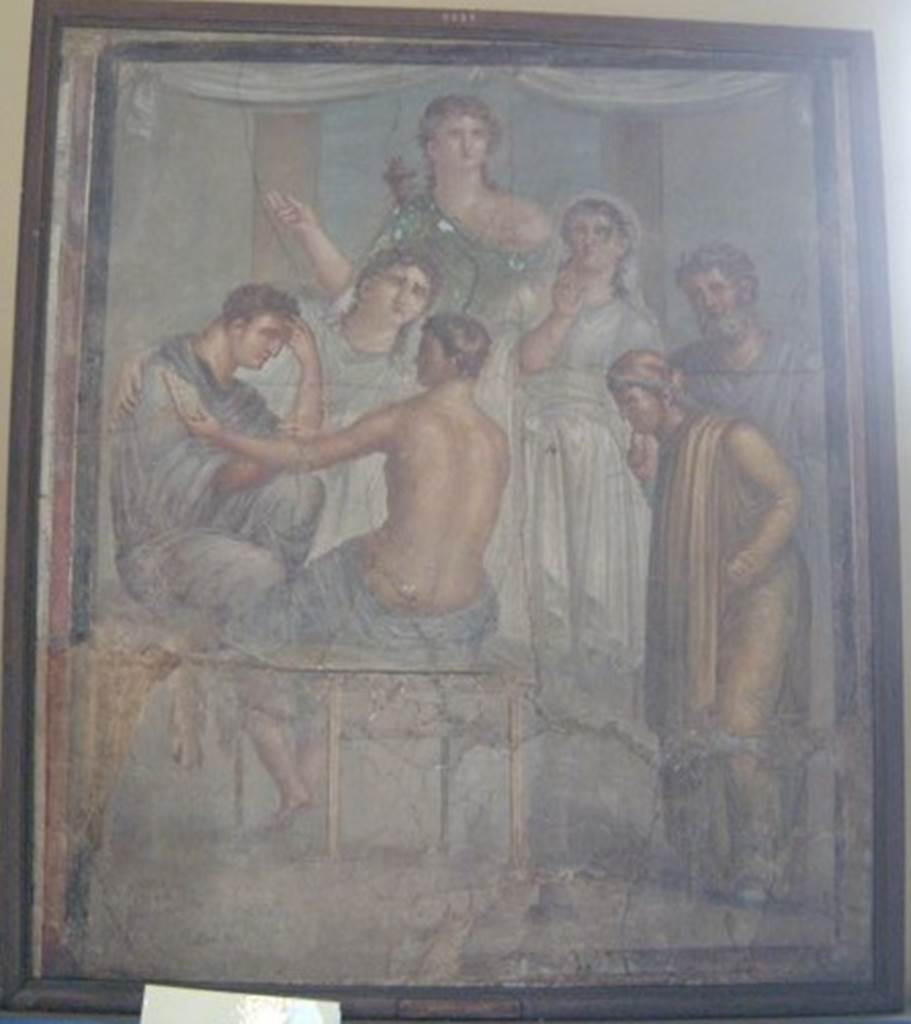 Wall painting of Alcestis and Admetus.   Found in VI.8.3.   Now in Naples Archaeological Museum.  Inventory number 9027. Courtesy of Current Archaeology, 2001. Some sources say the picture shown here is from VI.8.3 and some say it is from Herculaneum. Richardson identifies this as from the Basilica at Herculaneum. Richardson, L., 2000. A Catalog of Identifiable Figure Painters of Ancient Pompeii, Herculaneum. Baltimore: John Hopkins. (p.90). De Carolis identifies this with a question mark as “Casa del Poeta Tragico (?)”.  See de Carolis, E., 2001. Gods and Heroes in Pompeii.  Los Angeles: Getty Museum. (p.49). Fiorelli only identifies one picture of Alcestis and Admetus.
