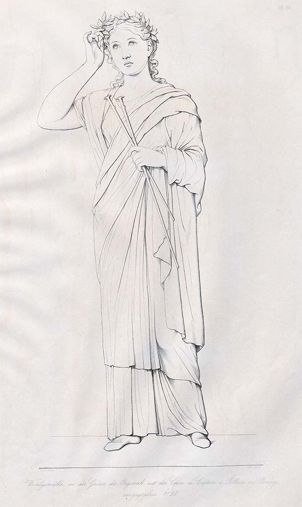 VI.9.6 Pompeii. Pre-December 1858. 
Drawing by Zahn of Euterpe, the muse of music, from the architectural design at west end of south wall in tablinum.
See Zahn, W., 1852-59. Die schönsten Ornamente und merkwürdigsten Gemälde aus Pompeji, Herkulanum und Stabiae: III. Berlin: Reimer, taf. 88.
According to Giovambatista Finati in RMB, 
This is Euterpe clasping two tibiae in her left hand and holding her right hand to her head covered with leaves. Almost similar to the garments of Thalia are those which cover her. 
Her feet are shod.
See Real Museo Borbonico Vol. IX, 1833, Tav. XXXIV.
