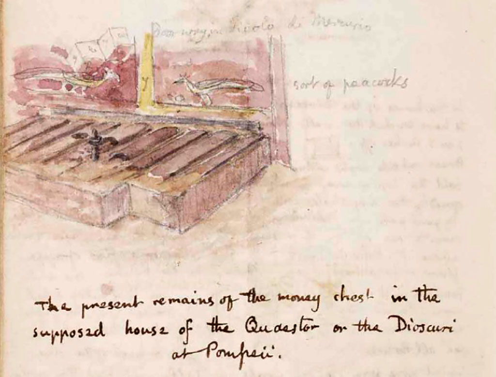 VI.9.6 Pompeii. c.1830. Drawing by Gell of the remains of the money chest on the north side of the atrium.
According to Gell –
“Bones of chests brick crusted in the marble, inside brass, outside iron, handles, locks, rosetts, nails, etc of bronze.
In first chest 45 gold and 5 silver coins, ancients had excavated in room behind and made a hole through the wall and got most of the money !!! “
See Gell, W. Sketchbook of Pompeii, c.1830. 
See book from Van Der Poel Campanian Collection on Getty website http://hdl.handle.net/10020/2002m16b425
This was a masonry base faced with marble, see PAH II, p.214.
Found in the chest were 45 gold coins, and 5 silver, see PAH III, p.89.
The chest had been partly rummaged through by the ancient scavengers.
