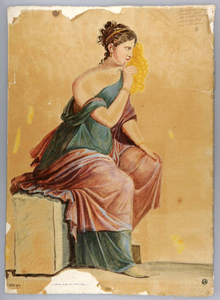 VI.9.6 Pompeii. Painting attributed to Giuseppe Marsigli, of sitting girl in peristyle found 26th April 1828 but without a head.
Room 6, drawing of wall painting of a sitting girl in green chiton and red mantel.
From the south end of the west wall of the peristyle.
Now in Naples Archaeological Museum. Inventory number ADS 357.
Photo © ICCD. http://www.catalogo.beniculturali.it
Utilizzabili alle condizioni della licenza Attribuzione - Non commerciale - Condividi allo stesso modo 2.5 Italia (CC BY-NC-SA 2.5 IT)

