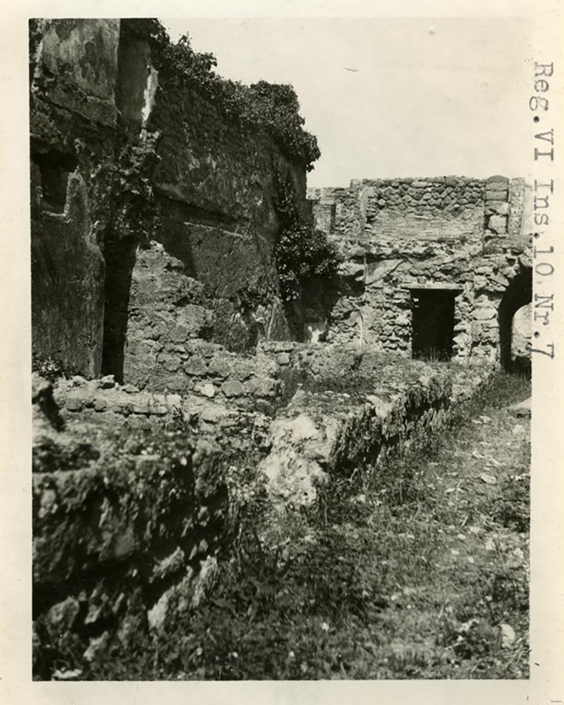 VI.10.7 Pompeii. Pre-1937-39. Looking north across rooms on west side of garden.  
Photo courtesy of American Academy in Rome, Photographic Archive. Warsher collection no. 1784.
