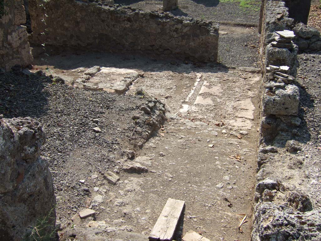 VI.11.17 Pompeii. September 2005. Looking west along floor of corridor. On the left would have been a cubiculum, room (9). 
According to Jashemski and Fiorelli, the area in the upper left, connecting with the doorway, was a small courtyard of the workshop.
It may have had some potted plants.
See Jashemski, W. F., 1993. The Gardens of Pompeii, Volume II: Appendices. New York: Caratzas. (p.143)
See Pappalardo, U., 2001. La Descrizione di Pompei per Giuseppe Fiorelli (1875). Napoli: Massa Editore. (p.69)
