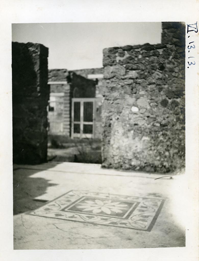 VI.13.13 Pompeii. Pre-1937-39. 
Looking east across central emblema in floor of triclinium/oecus, towards doorway into atrium.
Photo courtesy of American Academy in Rome, Photographic Archive. Warsher collection no. 038.
