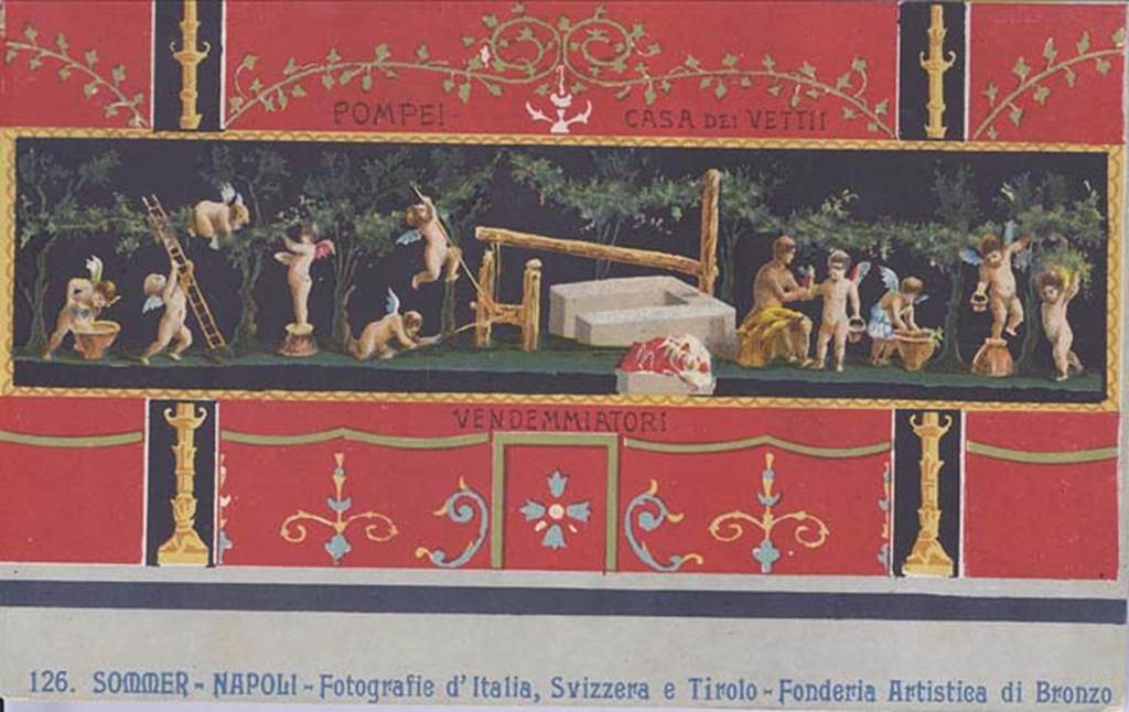 VI.15.1 Pompeii. Early 20th century postcard by G. Sommer, showing painting of cupids from the north wall. Photo courtesy of Rick Bauer.
