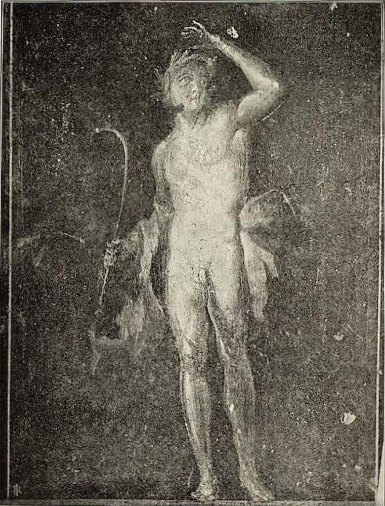 VI.15.1 Pompeii. 1898. Zoccolo on east side of central panel, panel with painting of Satyr.
Crowned with pine and equipped with nebride, he holds the pedum in his right hand and shields his eyes from the sun with his left hand. 
See Sogliano, A. La Casa dei Vettii in Pompei Mon. Ant. 1898, Fig. 66, p. 379-380, p. 375 no. 6.

