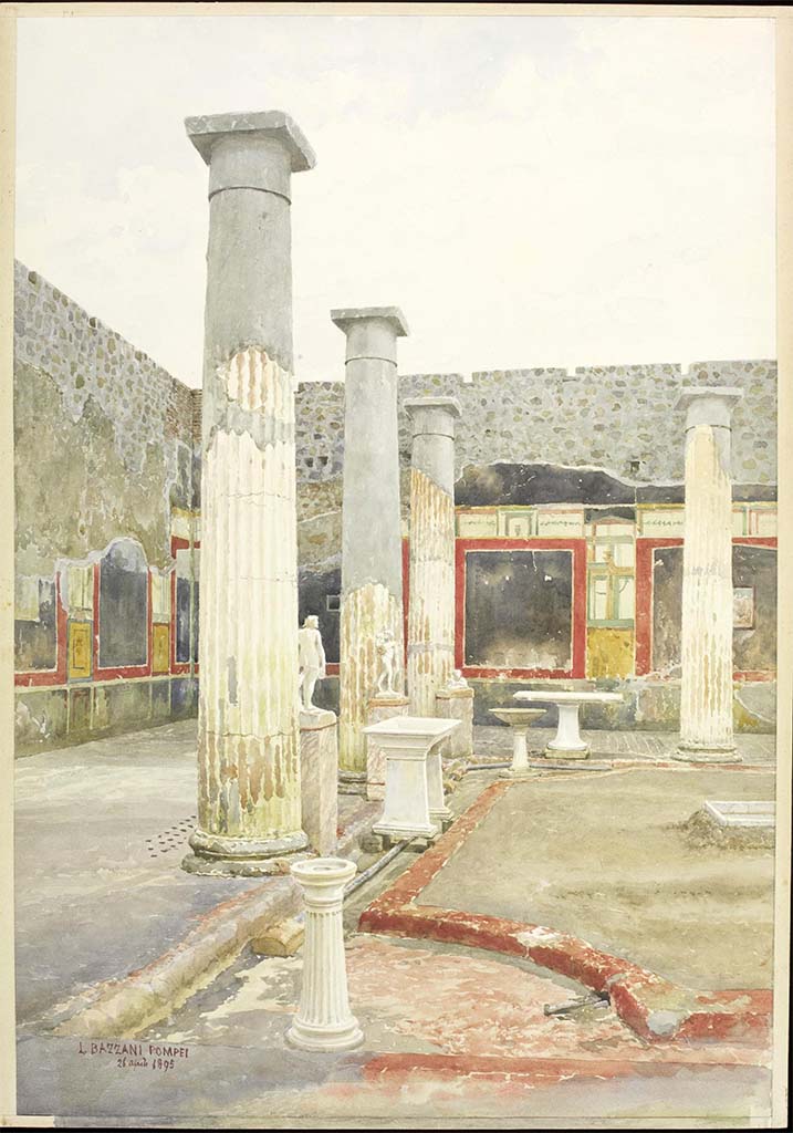 VI.15.1 Pompeii. April 1895. 
Watercolour by Luigi Bazzani, looking west towards south-west corner of peristyle.
Photo © Victoria and Albert Museum. Inventory number 7-1898. 

