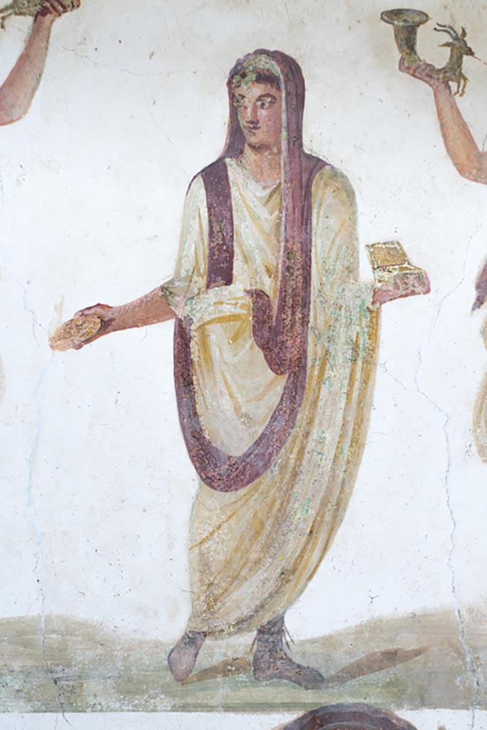 VI.15.1 Pompeii. March 2023. 
Detail of the Genius from lararium painting. Photo courtesy of Johannes Eber.
