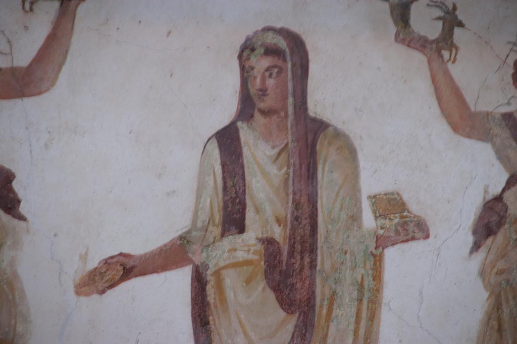VI.15.1 Pompeii. October 2023. Detail of the Genius from centre of lararium painting. Photo courtesy of Klaus Heese.
