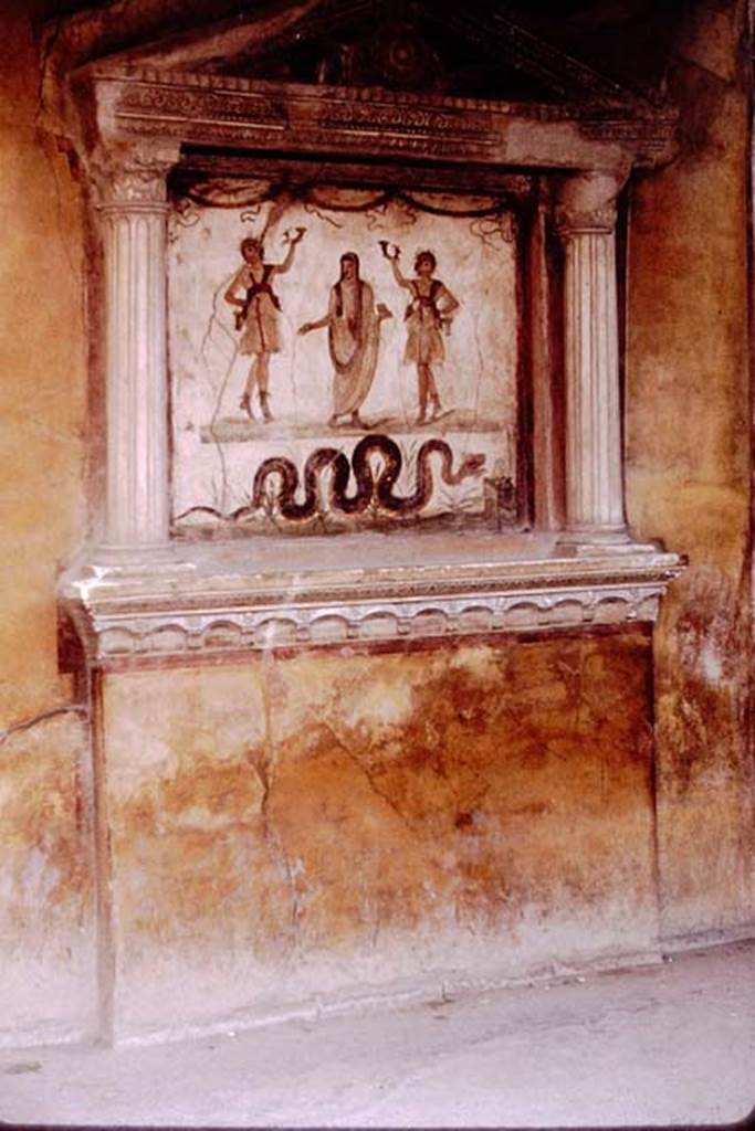 VI.15.1 Pompeii. 1964. Kitchen lararium.  Photo by Stanley A. Jashemski.
Source: The Wilhelmina and Stanley A. Jashemski archive in the University of Maryland Library, Special Collections (See collection page) and made available under the Creative Commons Attribution-Non Commercial License v.4. See Licence and use details.
J64f1389
