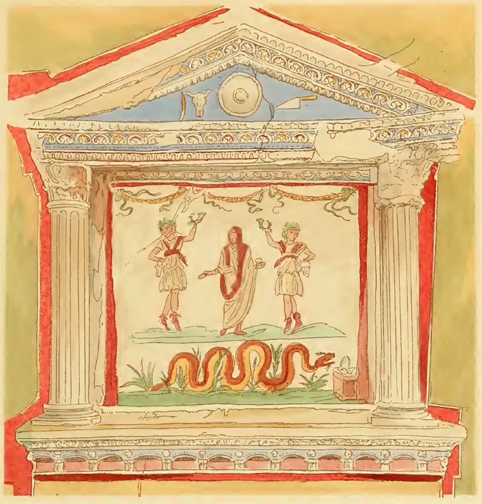VI.15.1 Pompeii. Undated painting by Pierre Gusman. Kitchen lararium.
(XXVIII. 1° Laraire de la maison des Vettii (Région VI, 15). Quatrième style.)
See Gusman P., 1924. La Décoration Murale de Pompei. Paris : Morancé, pl. XXVIII,1.
