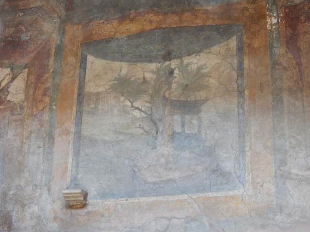 VI.16.15 Pompeii. May 2015. Detail of wall painting of sacred landscape on upper west wall of atrium B.  Photo courtesy of Buzz Ferebee.
