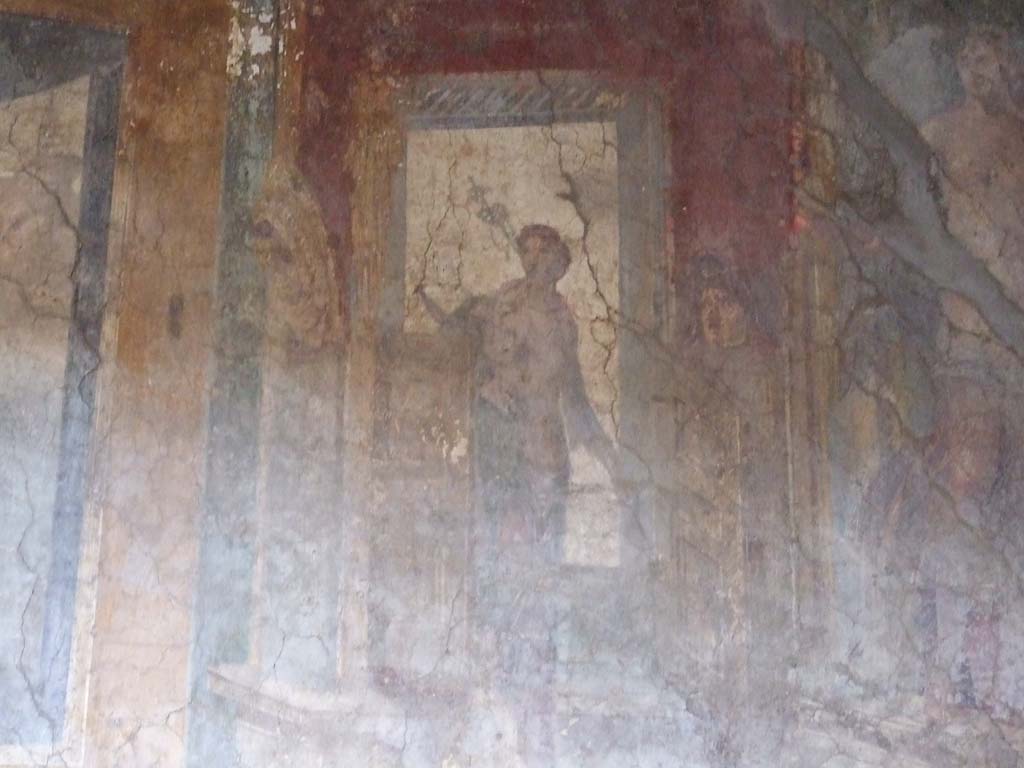 VI.16.15 Pompeii. December 2006. North end of upper west wall of atrium B above room E. 
Detail of wall painting of woman with patera, making an offering to the statue of Nike.
