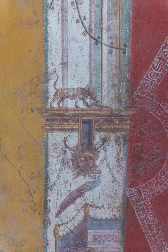 VI.16.15 Pompeii. January 2024. 
Room F, detail from west wall at north end. Photo courtesy of Johannes Eber.
