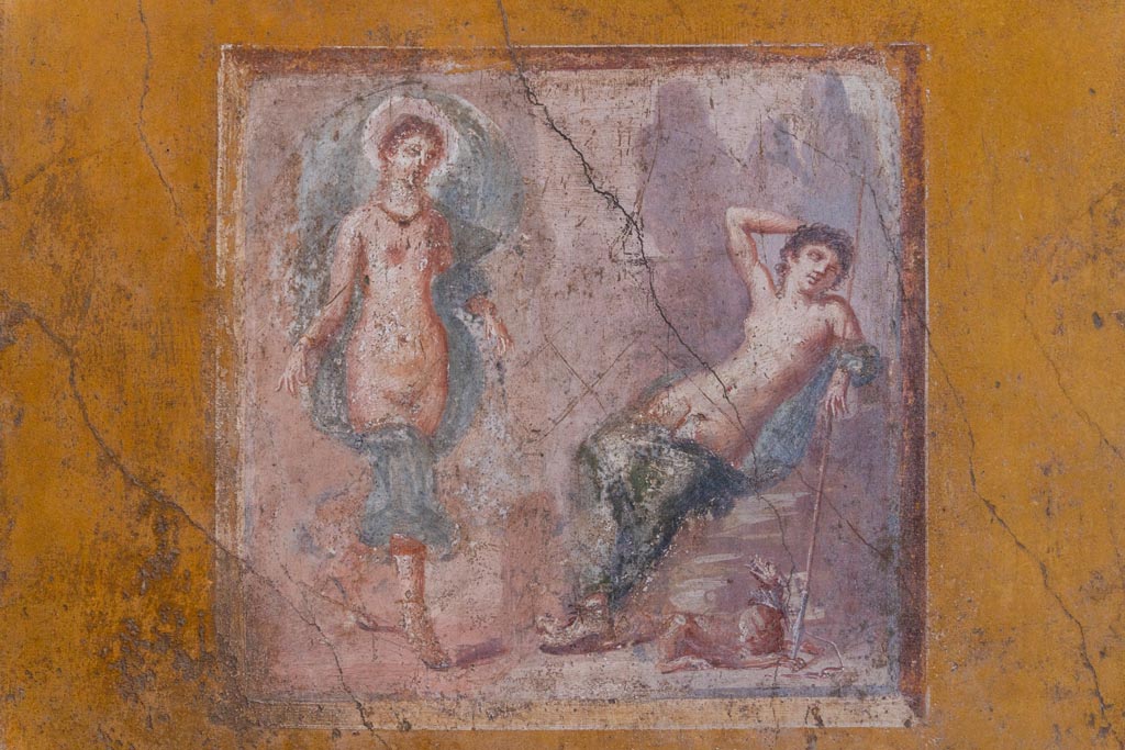 VI.16.15 Pompeii. January 2024. Room F, central painting of Selene and Endymion, from west wall. Photo courtesy of Johannes Eber.