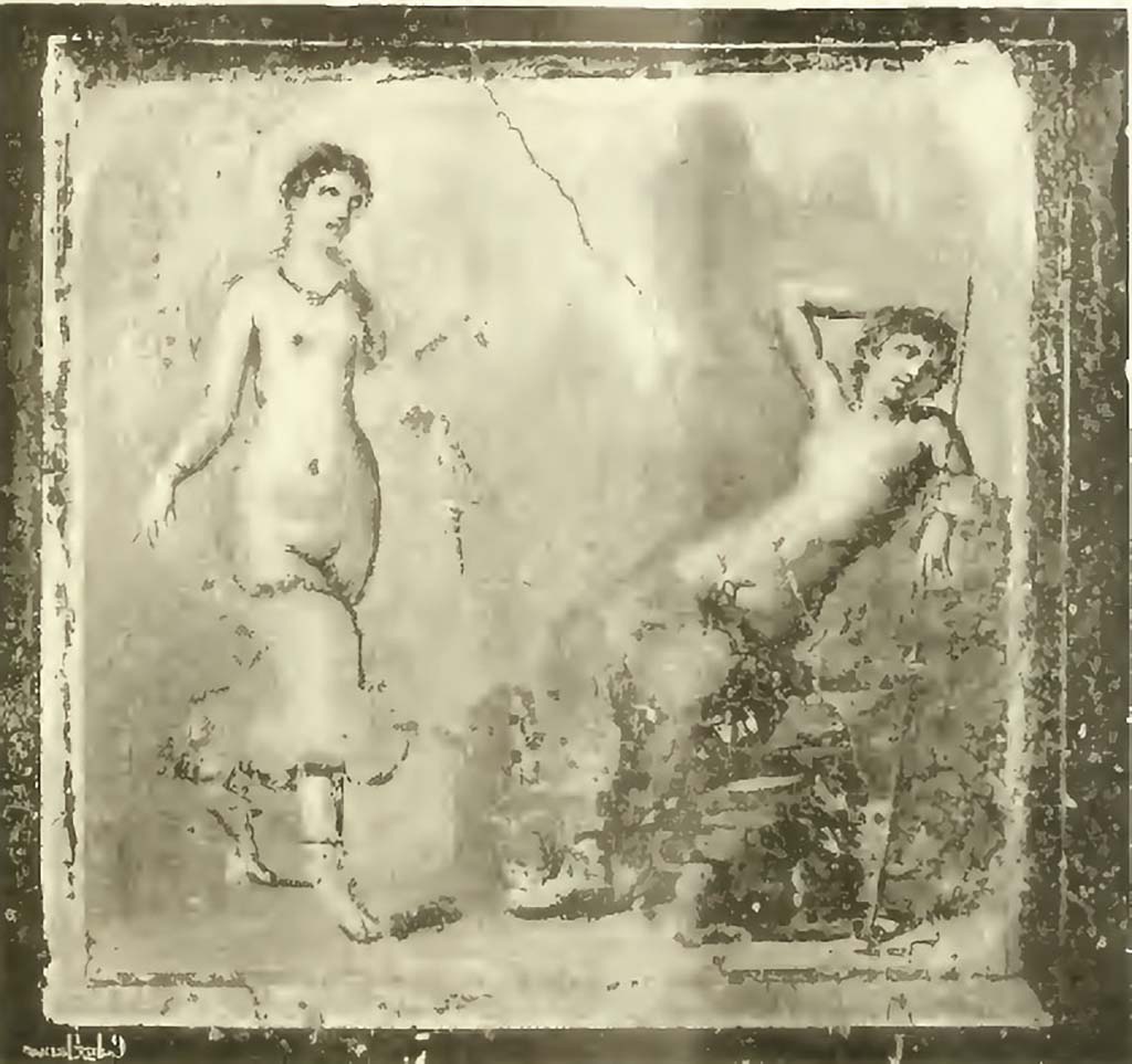 VI.16.15 Pompeii. 1908. West wall of room F, with detail of central wall painting of Selene and Endymion.
See Notizie degli Scavi di Antichità, 1908, (p.73)

