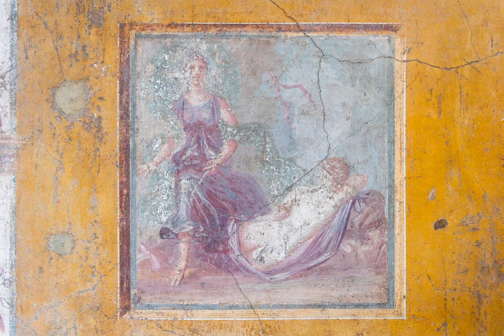 VI.16.15 Pompeii. January 2024. Room F, central painting of The Sleeping Ariadne, from east wall. Photo courtesy of Johannes Eber.
Kuivalainen describes –
“A composition of two figures. In the foreground a sleeping almost naked female figure, with her back to the viewer; she is reclining on a stone, with her right arm supporting her head; she lies on a purple cloak which covers her legs; she has gold arm rings, and her hair is fair. On the left, another figure steps energetically over the legs of the sleeping figure. He wears sandals and a purple robe with wide drapery, and a flaring blue cloak; he carries a thyrsus with a red ribbon and possibly a bunch of leaves on top under his left arm; his head is slightly turned to the left, and his long curly hair is darkish.” 
Kuivalainen comments –
“Sleeping Ariadne callipyge discovered by an effeminate Bacchus. The shadowing on his skin is broader and darker than the female’s. The flaring cloak resembles that of Bacchus, e.g. in the Casa del Citarista (E7), referring to velificatio and to the epiphany of the divinity.”
See Kuivalainen, I., 2021. The Portrayal of Pompeian Bacchus. Commentationes Humanarum Litterarum 140. Helsinki: Finnish Society of Sciences and Letters, (p.143, E3).

