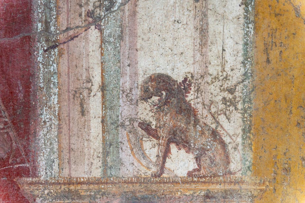 VI.16.15 Pompeii. January 2024. 
Room F, detail of panther from north end of central painting on east wall. Photo courtesy of Johannes Eber.
