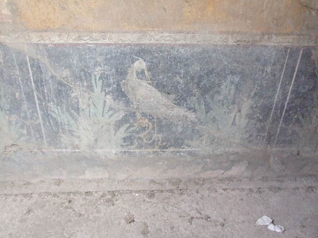 VI.16.15 Pompeii. December 2006. Centre of base of east wall of room F with detail of wall painting of bird and plants.


