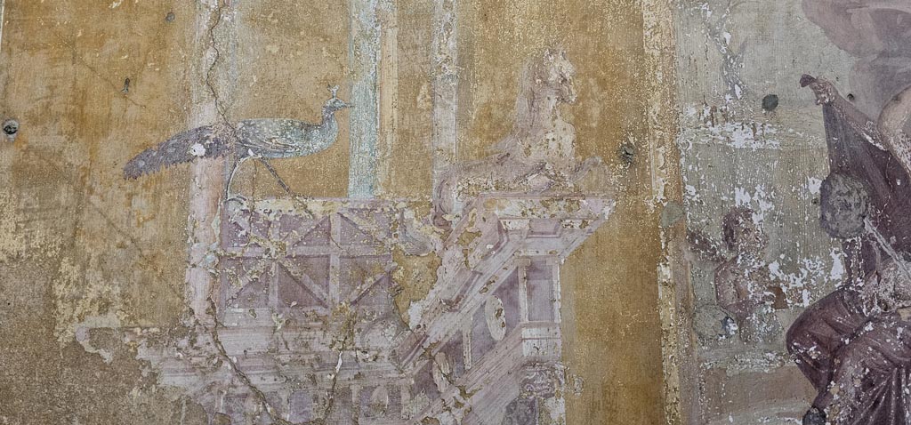 VI.16.15 Pompeii. December 2023. Room G, north wall, detail from west side of central painting. Photo courtesy of Miriam Colomer.