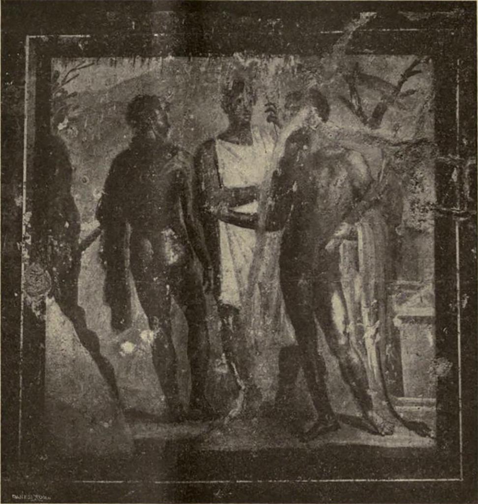 VI.16.15 Pompeii. 1908. East wall of room G with central wall painting from a myth of Hercules.
See Notizie degli Scavi di Antichità, 1908, p. 78, fig. 8.
