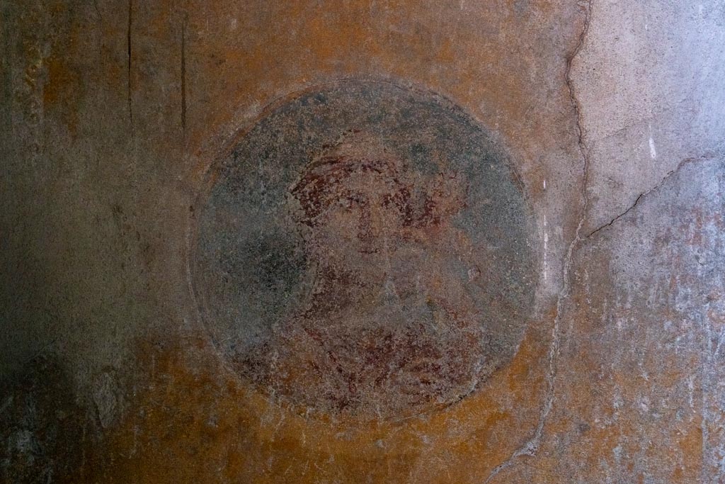 VI.16.15 Pompeii. January 2024. Room G, detail of medallion from south end of west wall. Photo courtesy of Johannes Eber.