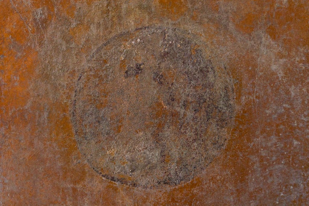 VI.16.15 Pompeii. January 2024. Room G, detail of medallion from north end of west wall. Photo courtesy of Johannes Eber.